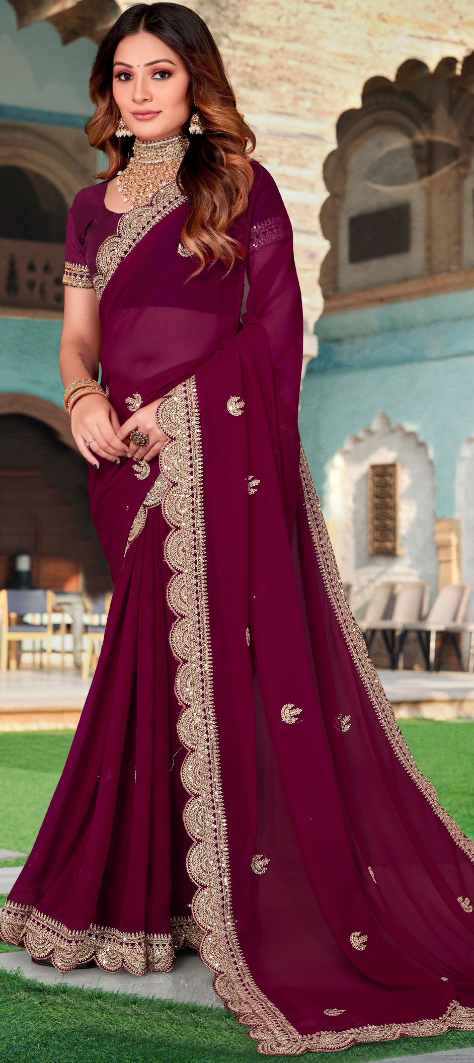 Violet Cocktail Party Wear Readymade Saree