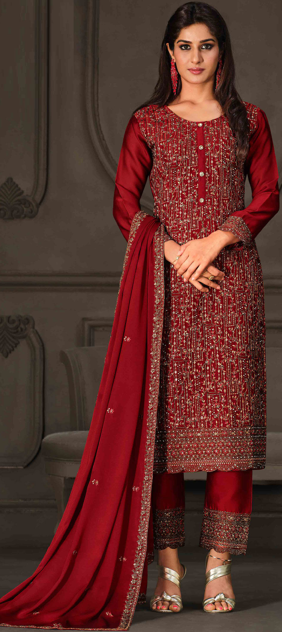 Embroidered Wedding Wear Red Color Readymade Palazzo Suit In Art Silk Fabric