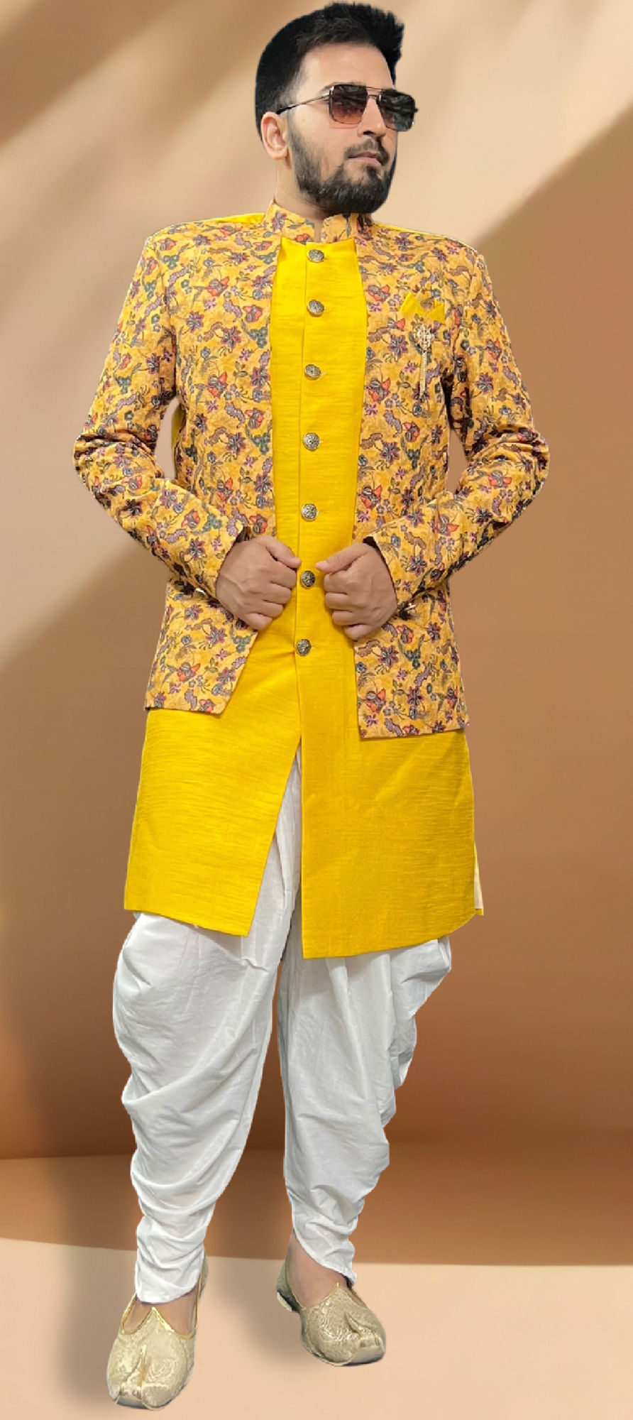 Haldi Partywear Yellow Indo Western Lehenga Jacket Set | Designer Suit