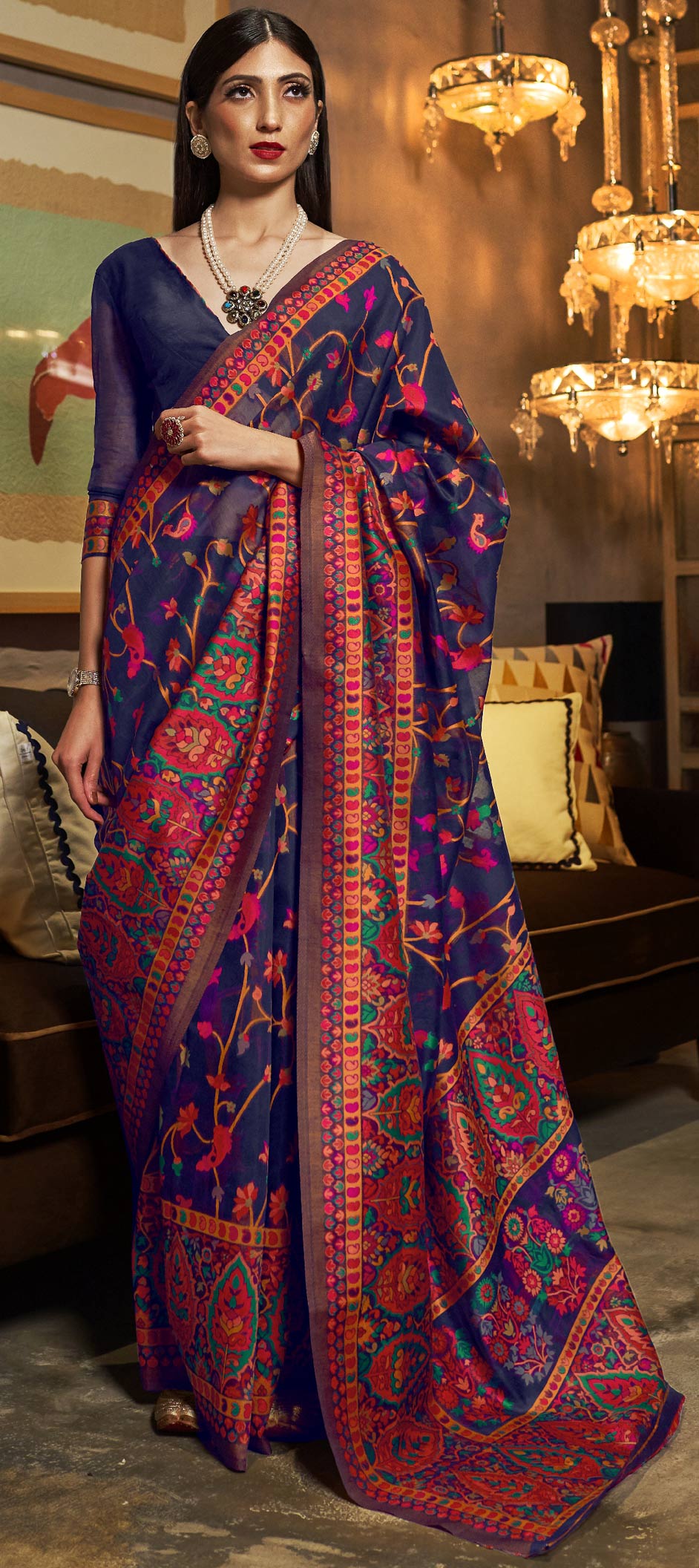 Leaf Printed Purple Pink Chiffon Saree with Blue Blouse Online - DM6390