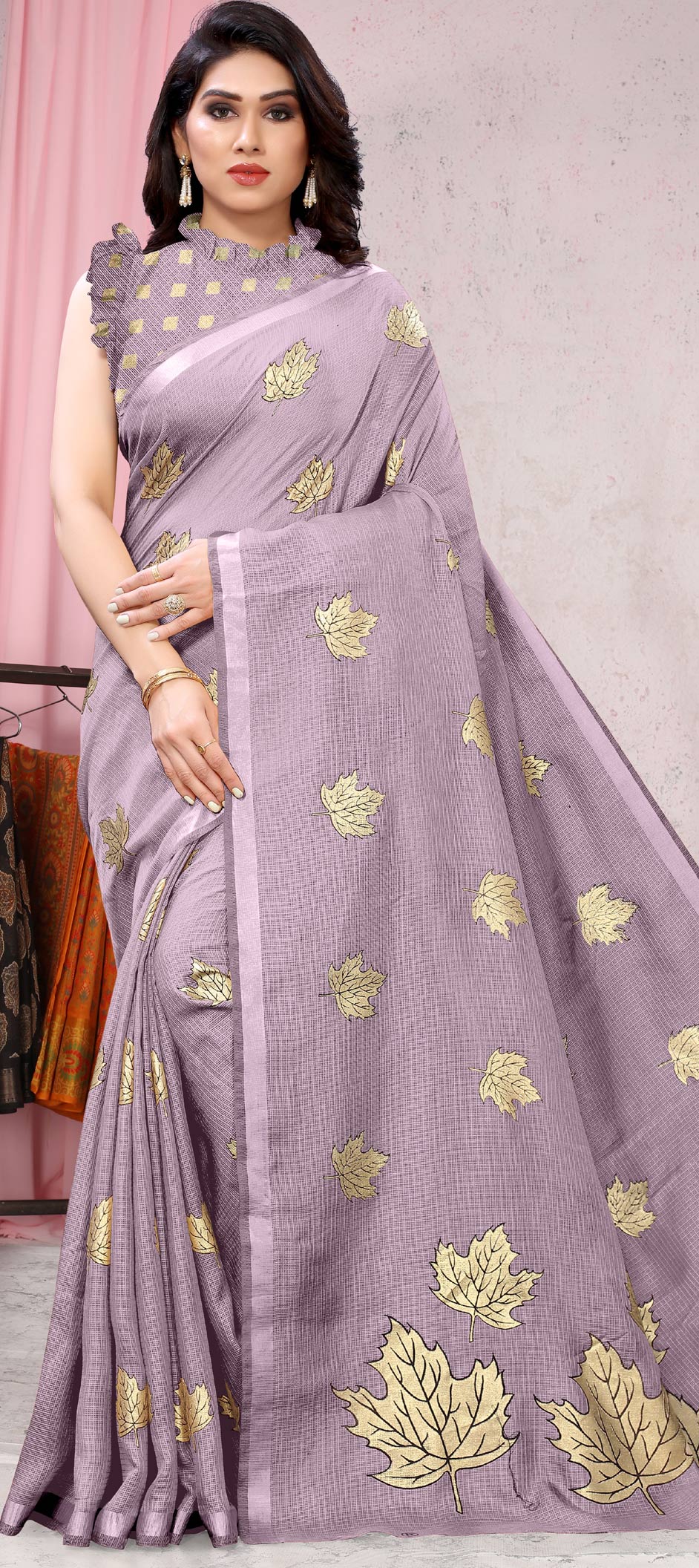 Purple Block Printed Linen Cotton Saree - Jhanvi Fashions