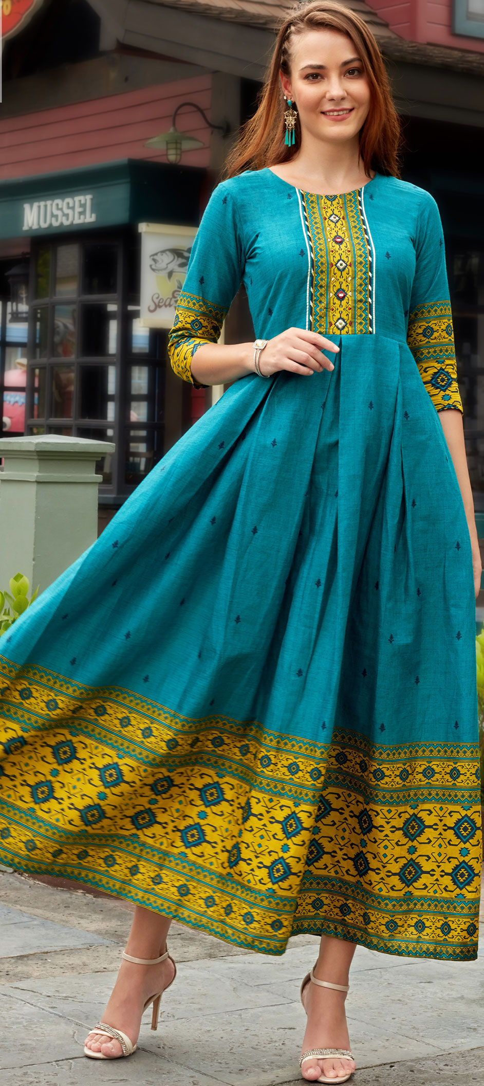 Festive Party Wear Blue color Cotton fabric Kurti 1883804