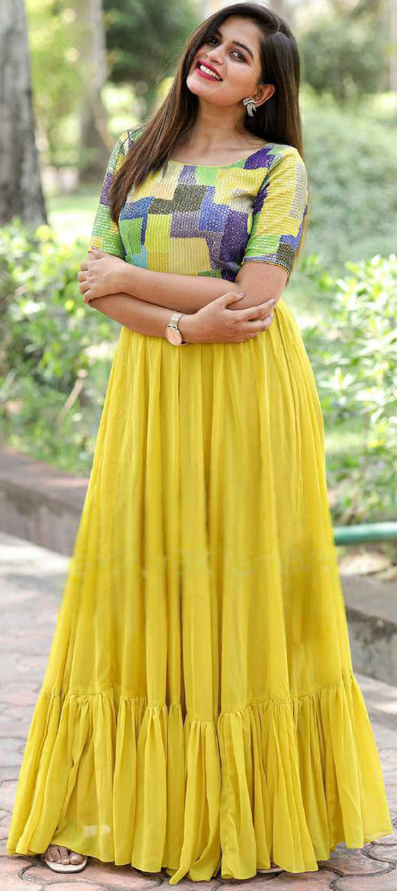 Designer Party Wear Readymade Long Dress Yellow Georgette Pant Dress main image 0
