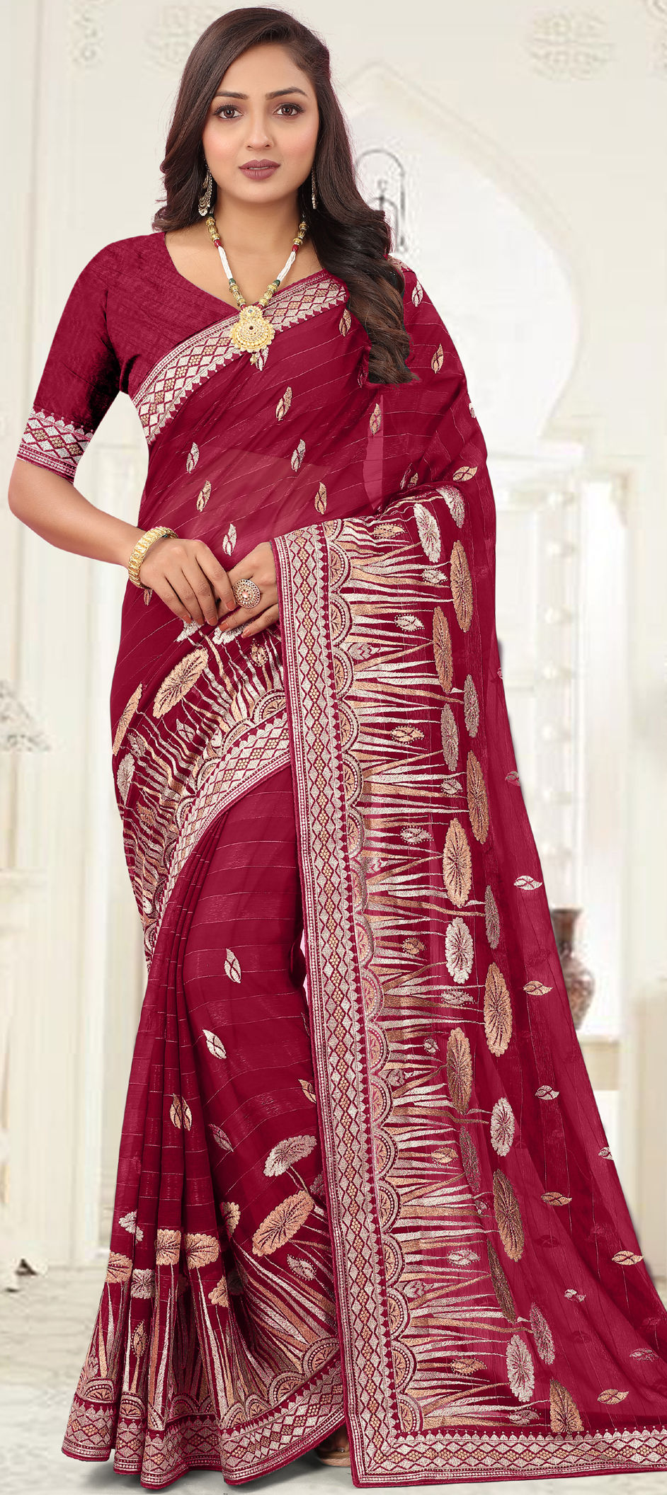 Maroon Embellished Shimmer Net Saree with Peacock Motifs – Chhabra 555