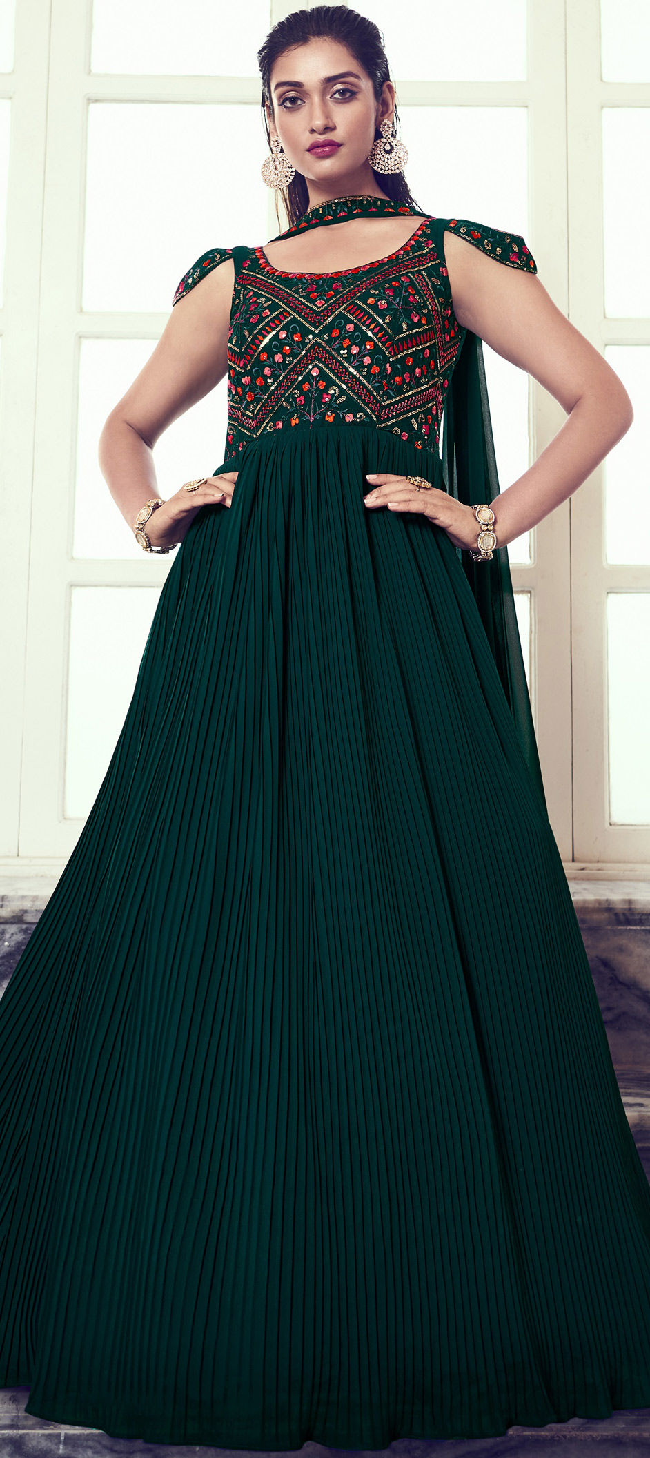 Mehendi Sangeet, Reception Green color Georgette fabric Gown : 1885107
