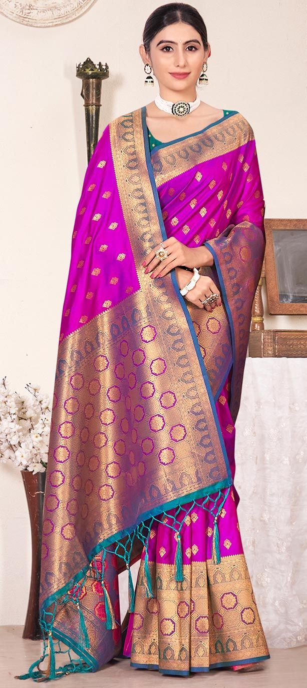 Grey & Rani Pink Banarasi Silk Saree With Copper Zari Weaving Work –  Sareewave