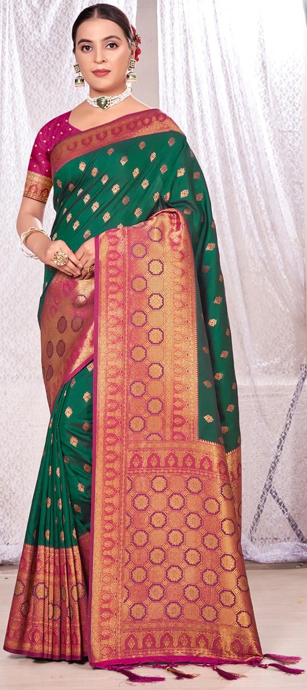 Dark Green Banarasi Soft Silk Zari Weaving Work Saree