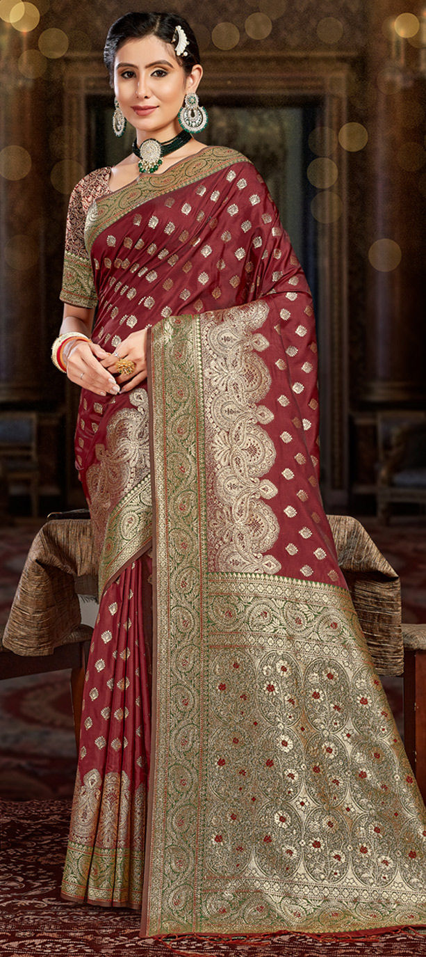 Shiraz' Deep Maroon Pure Katan Silk Banarasi Handloom Saree - Tilfi