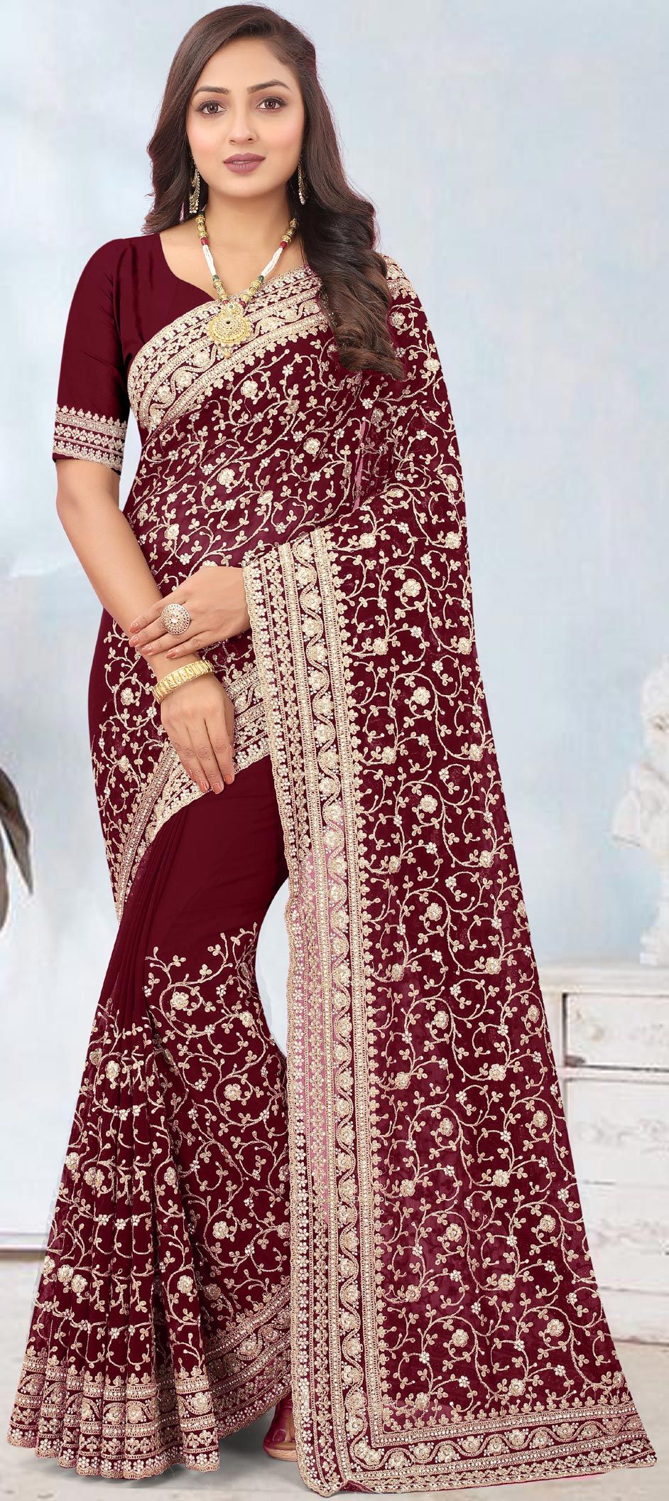 Red and Maroon - Banarasi Silk - Sarees: Shop online Sarees