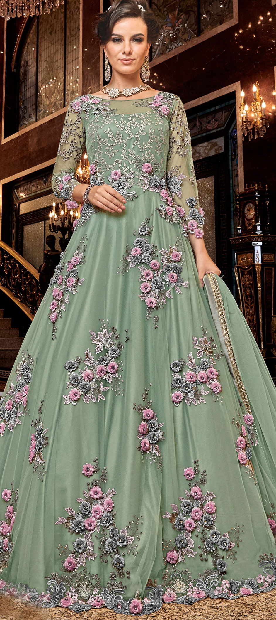 Bollywood Green color Net fabric Salwar Kameez : 1886316