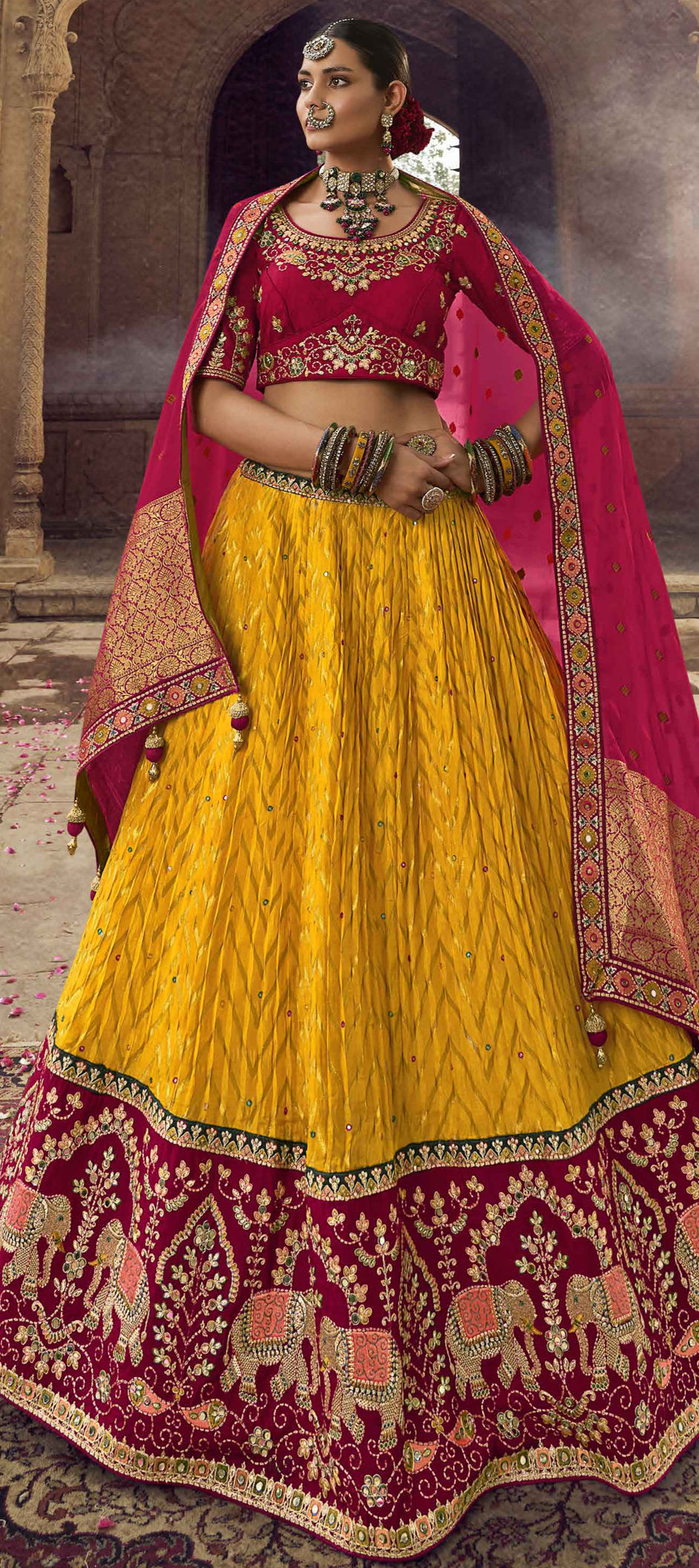 Grab the stylish Woven Zari Hot Pink Banarasi Silk Lehenga LLCV09538