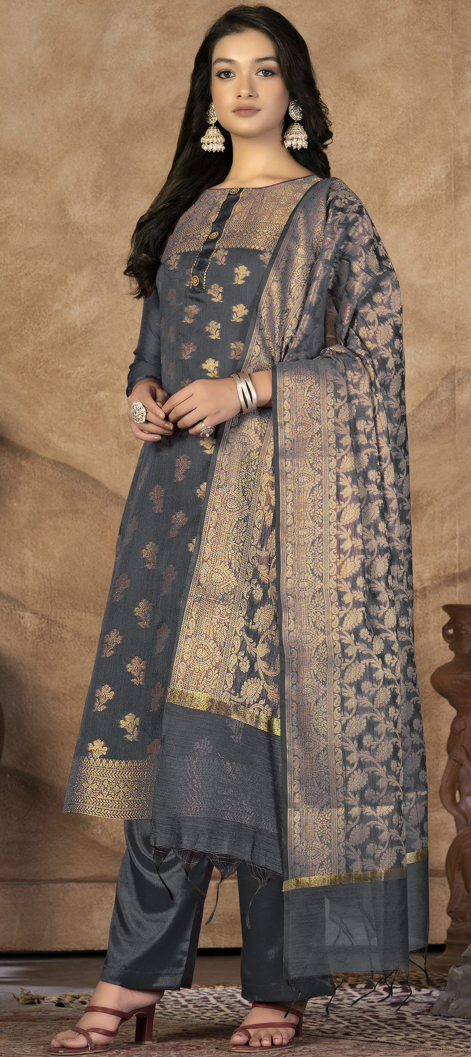 Salwar Kameez in Grey Banarasi silk with Weaving - SK153126
