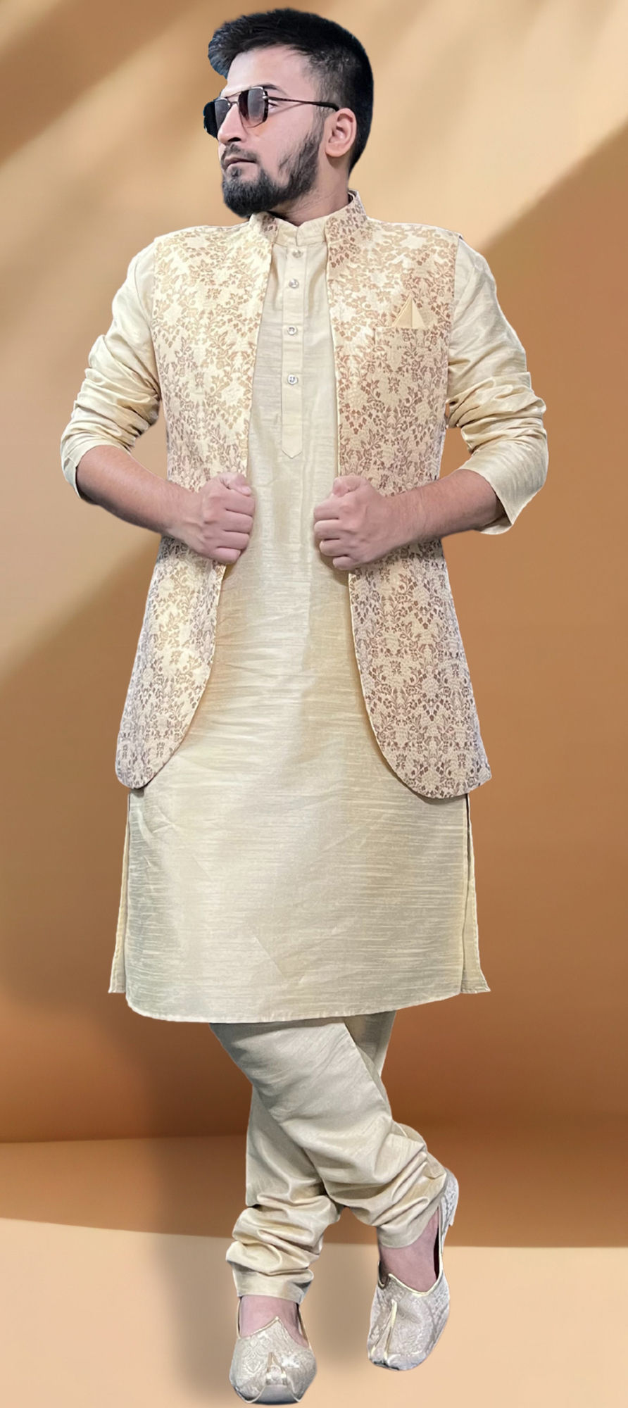 Party Wear Gold color Silk fabric Kurta Pyjama with Jacket 1887411