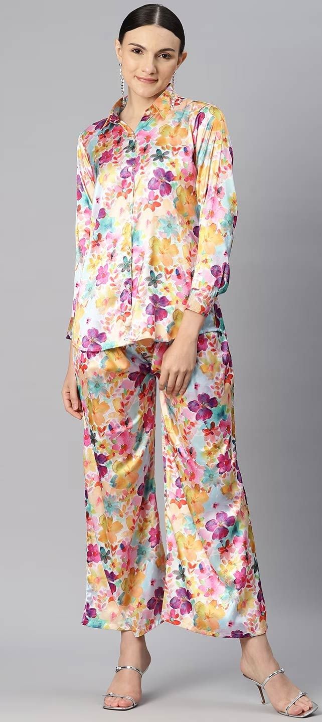 Golden Olive Botanical Printed Satin Silk Co-ord Set