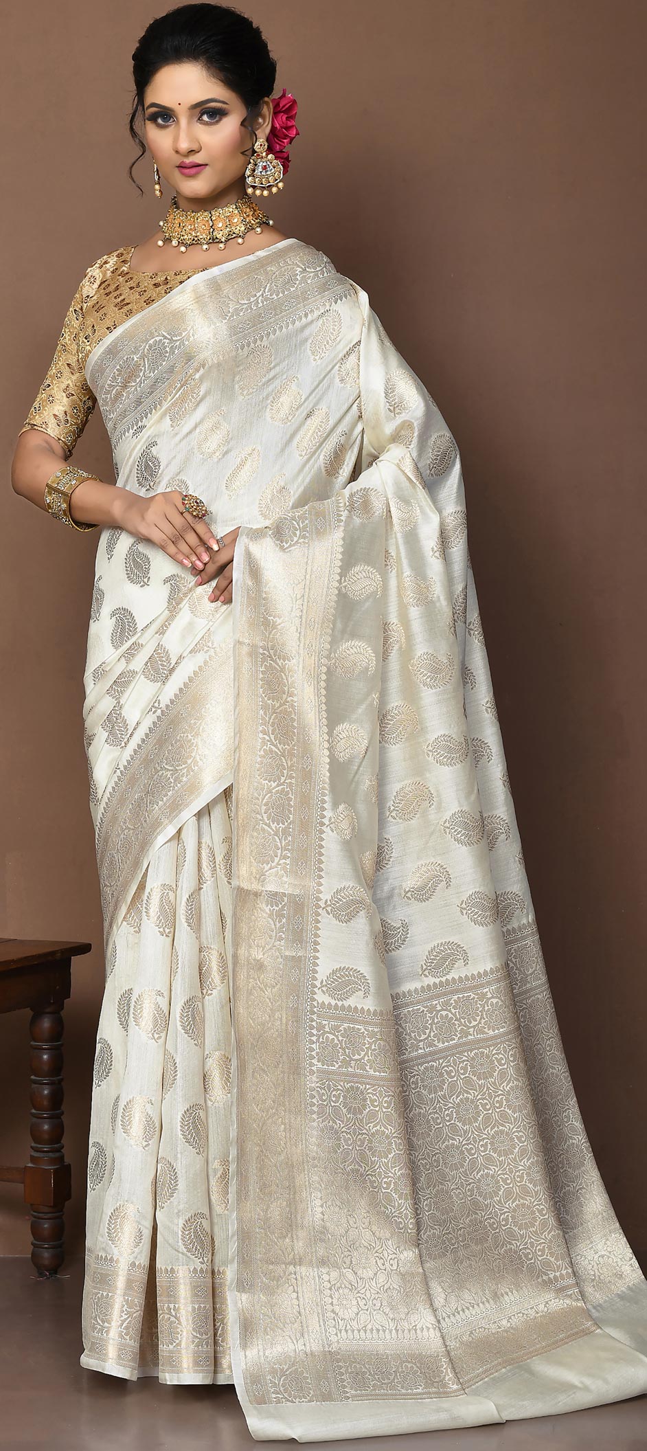 Embroidered Net Saree in Off White