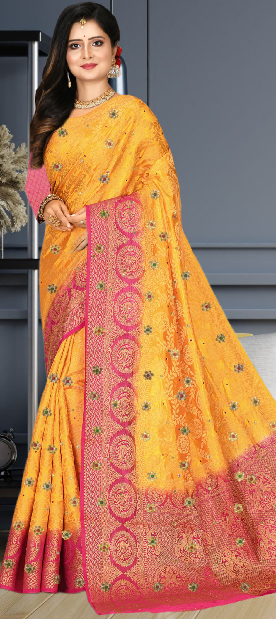 Bridal, Wedding Gold color Kanjeevaram Silk fabric Saree 1887830