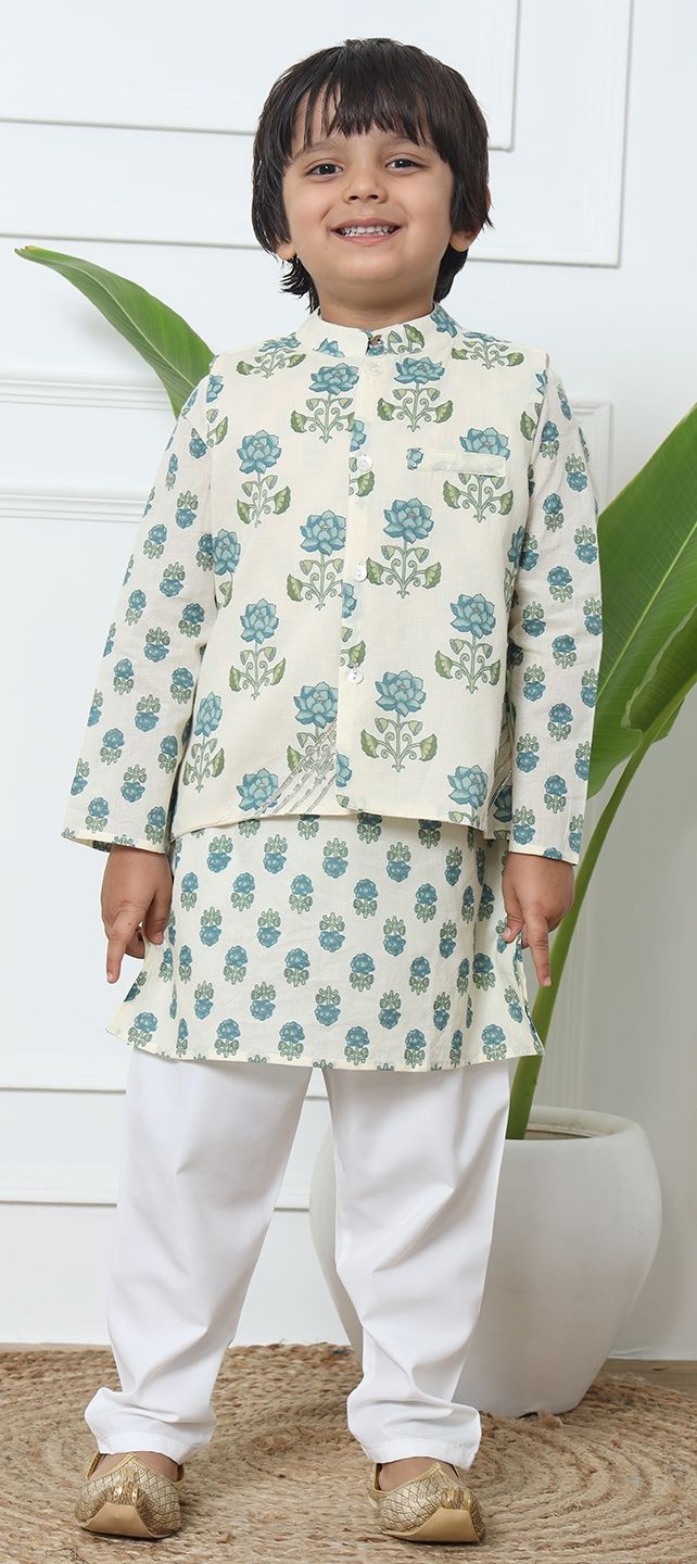 Yellow Printed Jacket with Yellow Silk Kurta And White Pyjama Set for Boys