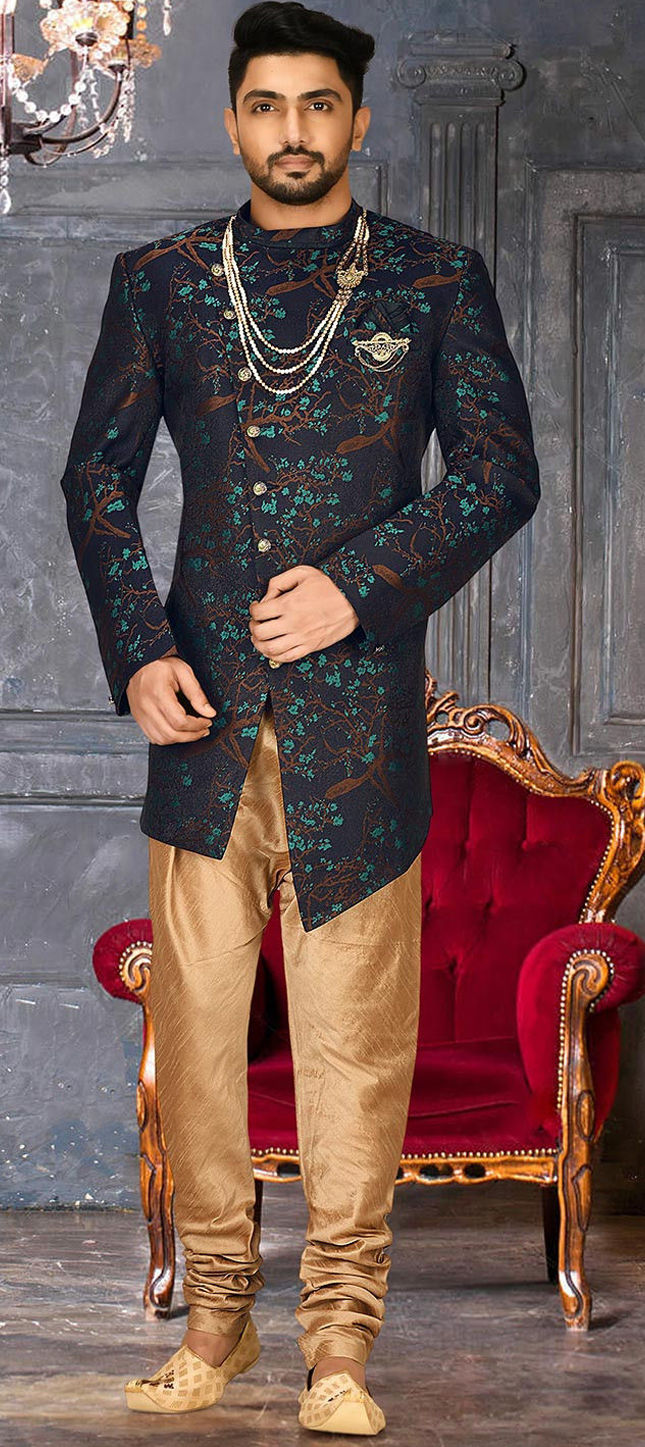 Party Wear Blue color Jacquard fabric IndoWestern Dress 1889663
