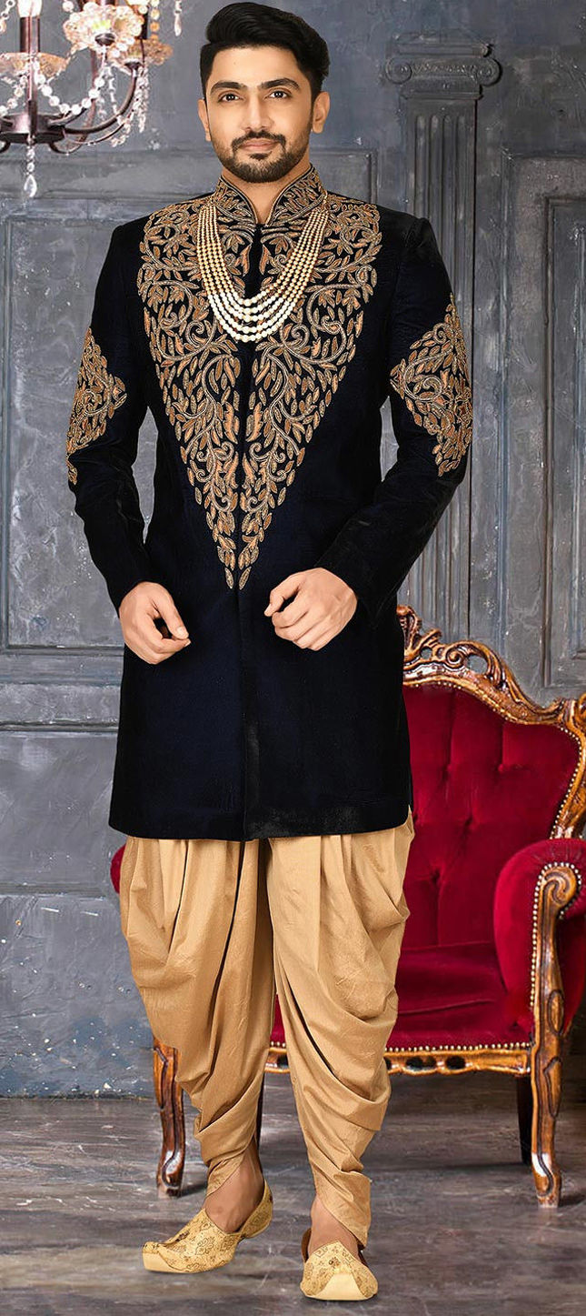 Velvet Party Wear Dhoti Kurta in Blue with Zardozi work