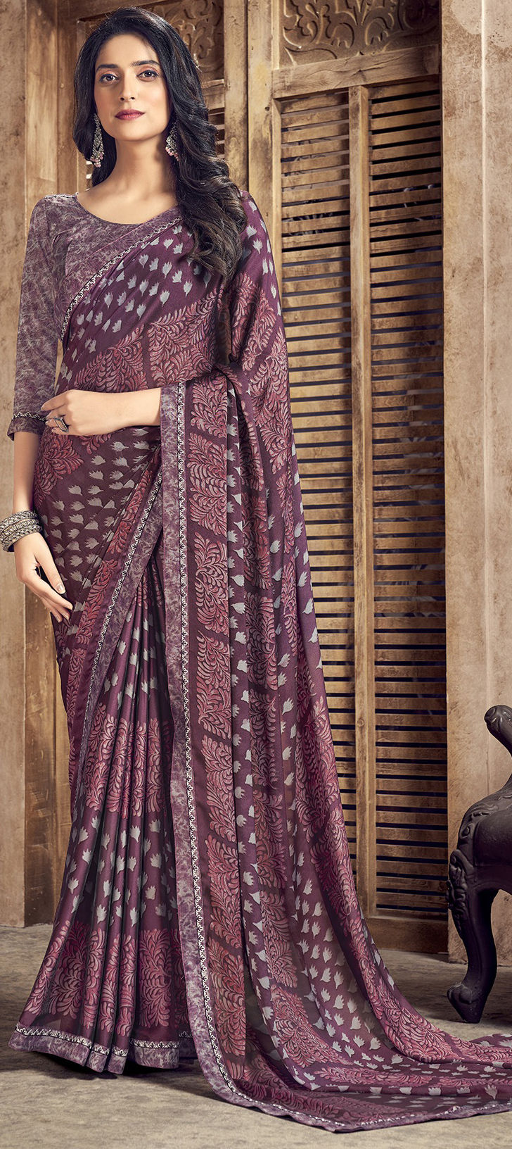 Embroidered Georgette Saree in Dark Purple : SEH4270