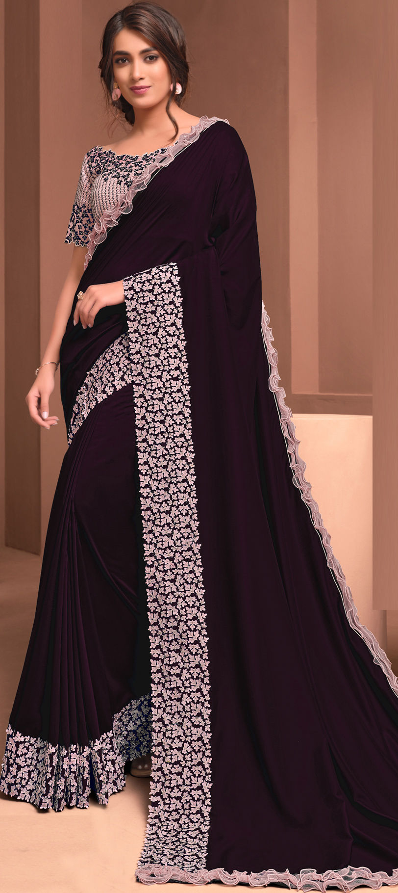 Pure Georgette Viscose Deep Purple Wedding Traditional Saree