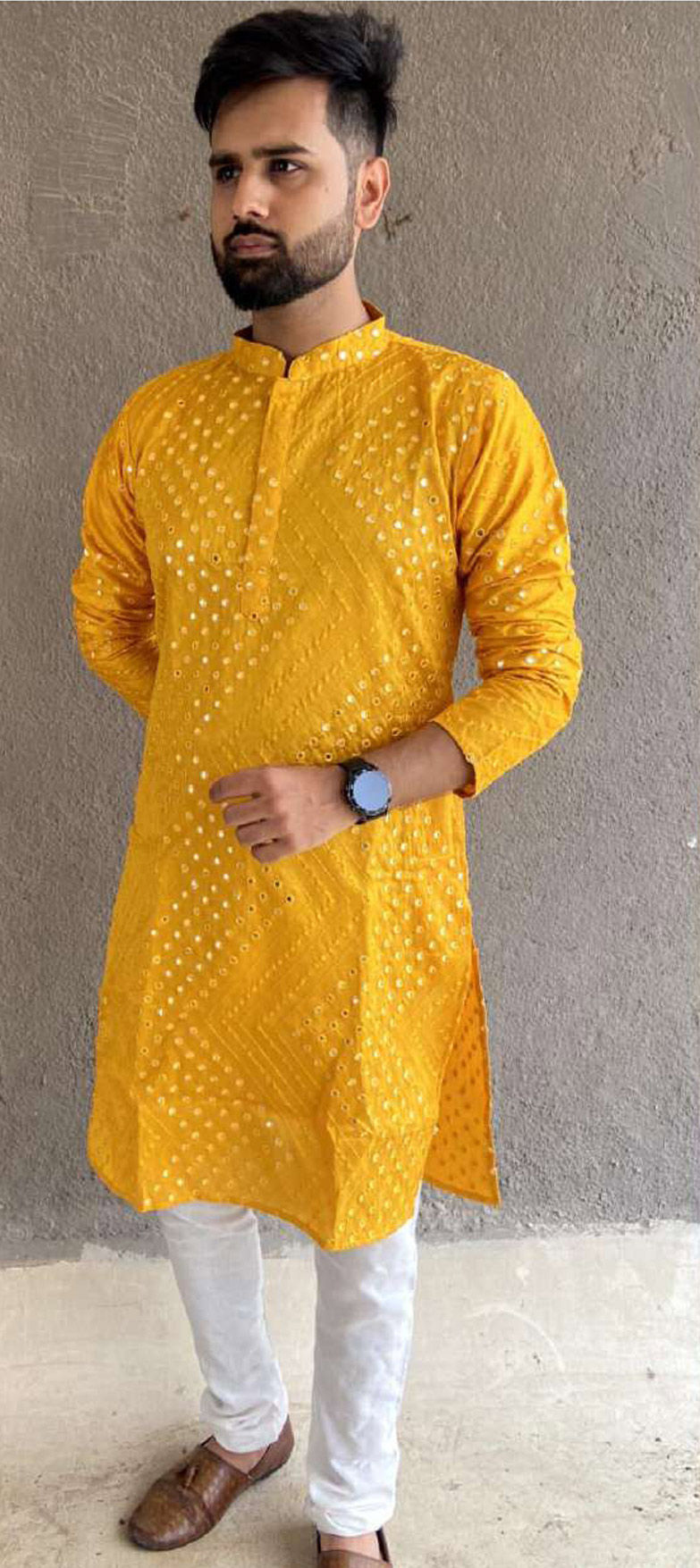 Yellow Designer Readymade Silk Kurta Payjama With Designer Printed Work main image 1