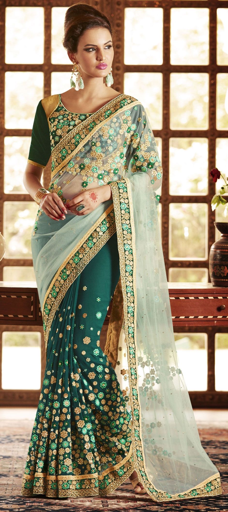 189208: Green color family Bridal Wedding Sarees with matching ...