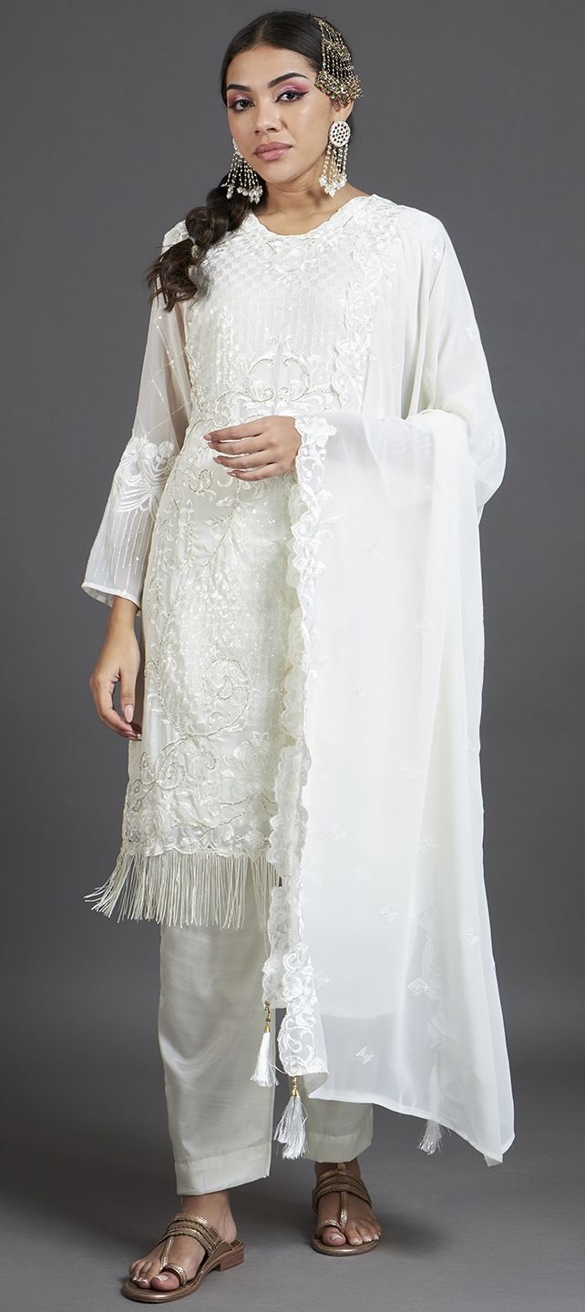 Women White Kurta with Bottom Traditional Dress Pakistani Salwar Kameez  Dupatta