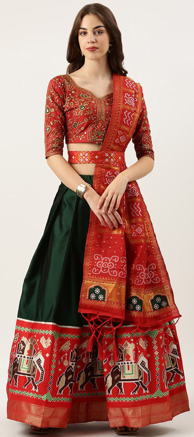 Navratri Special Art Silk Lehenga in Dark Green and Off White : LJA332