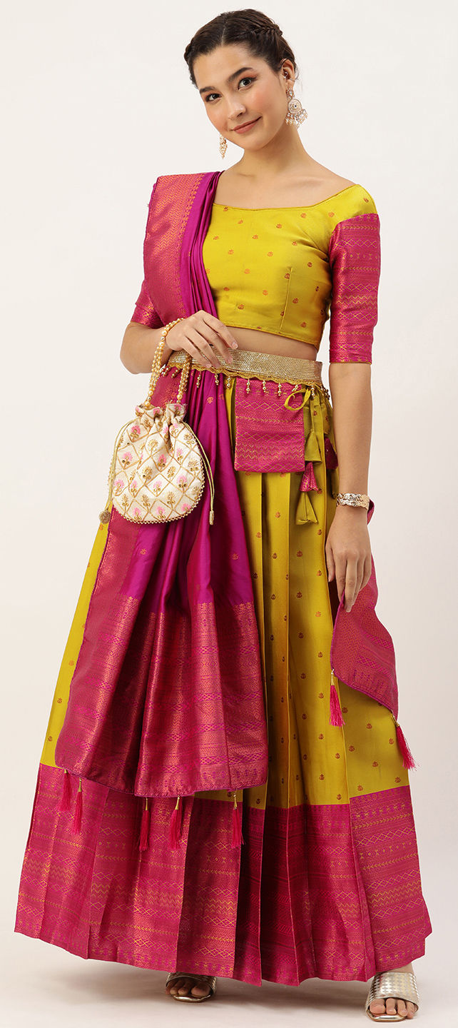 WILLFE Women's Kanjivaram Silk Traditional Lehenga Choli, Unstitched Lehenga  Choli, Half Saree (Yellow Pink) : Amazon.in: Fashion