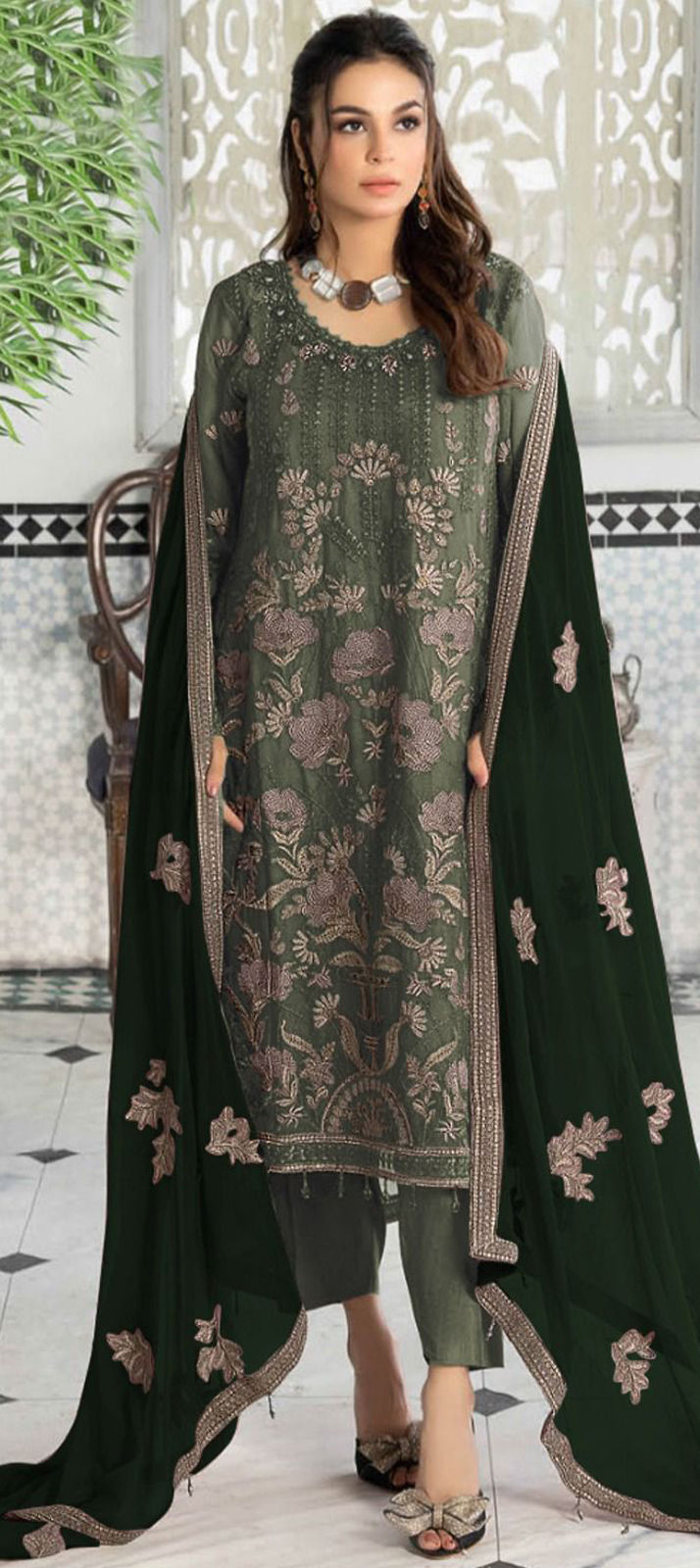 Party Wear Bottle Green Cotton Silk Cross Over Kurta with Zari Embroid –  Sujatra