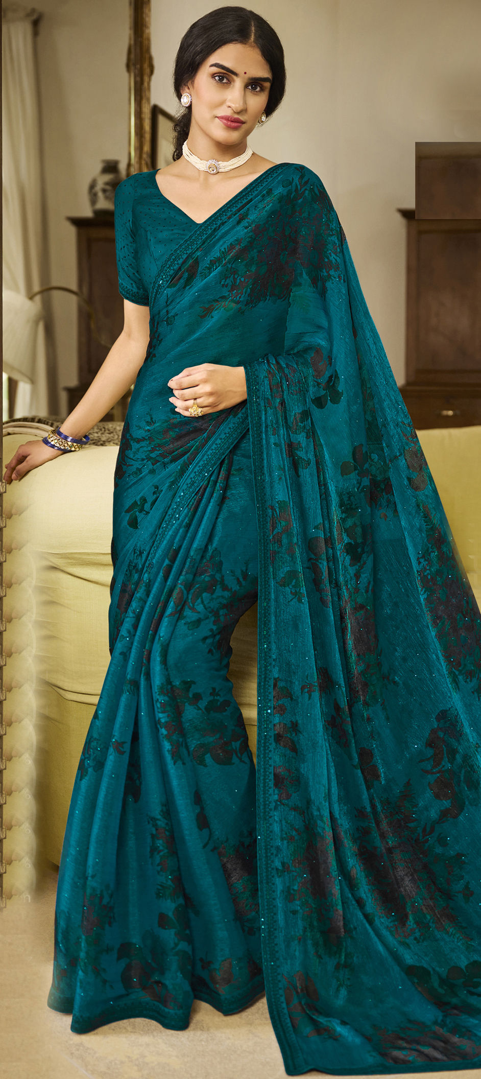 Teal Blue Striped Zari Saree | Blue Zari Saree Online– Inddus.in