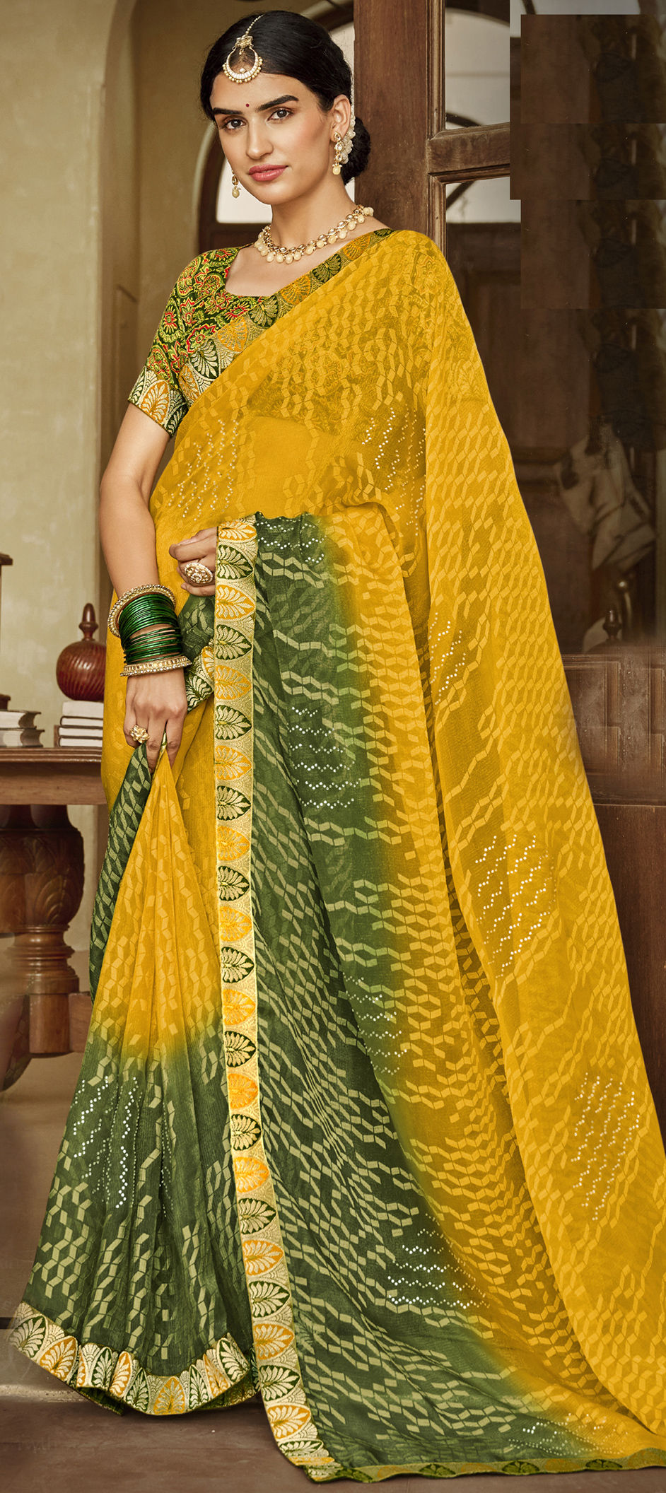 Shop Online Green and Mustard Designer Saree : 254670 -