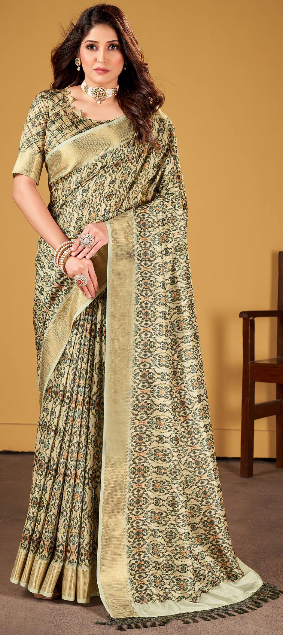 Brown or Green Plain Ready to Wear Silk Saree WITH BLOUSE - WHITE FIRE -  3844673