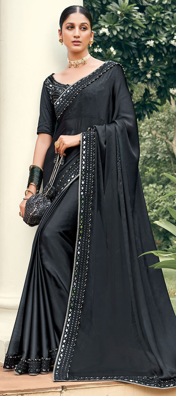 Net And Velvet Saree With Banglori Silk Blouse In Black And Grey - Dmv12220