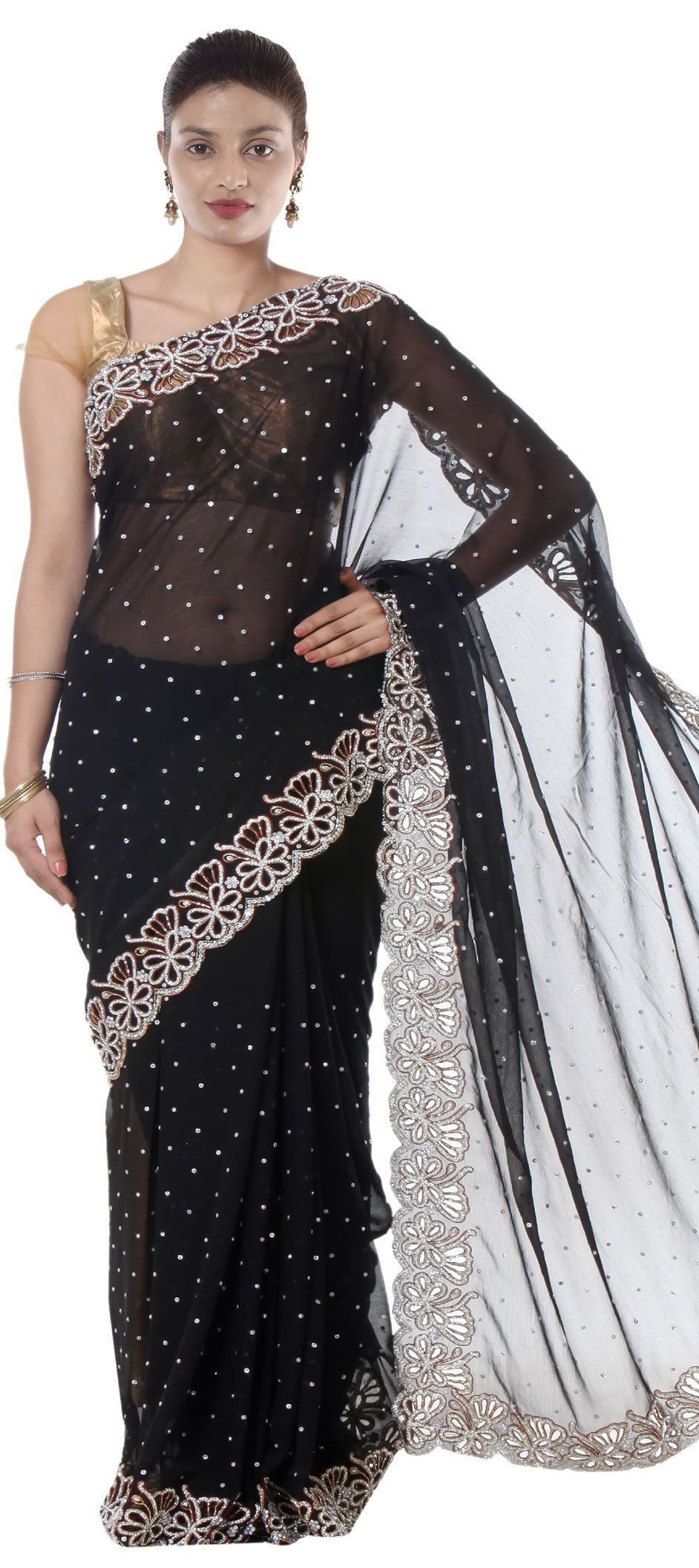 black saree stone work