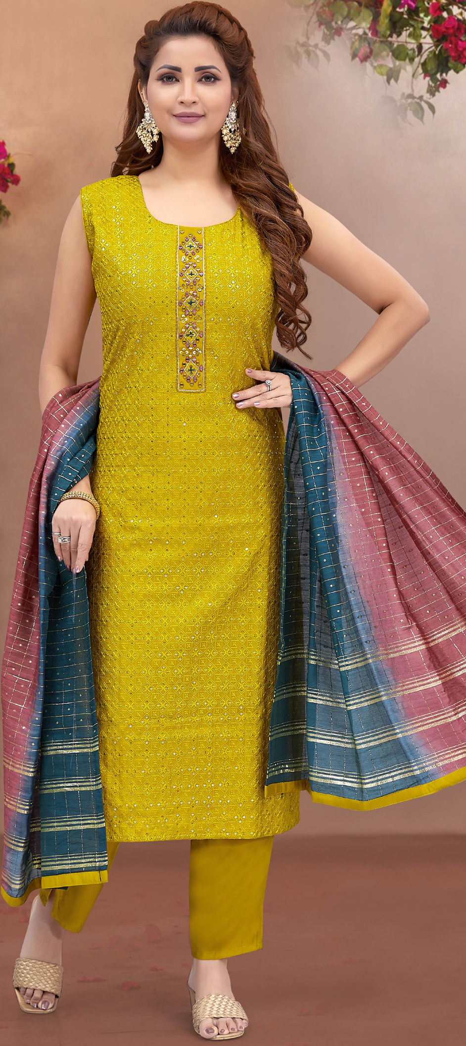 Indian Wedding Saree - A beautiful combination of grey #salwarsuit and a  bright yellow banarasi silk dupatta is a sight to behold. Shop here:  https://bit.ly/2NfH0u4 Buy this salwar suit at a discount