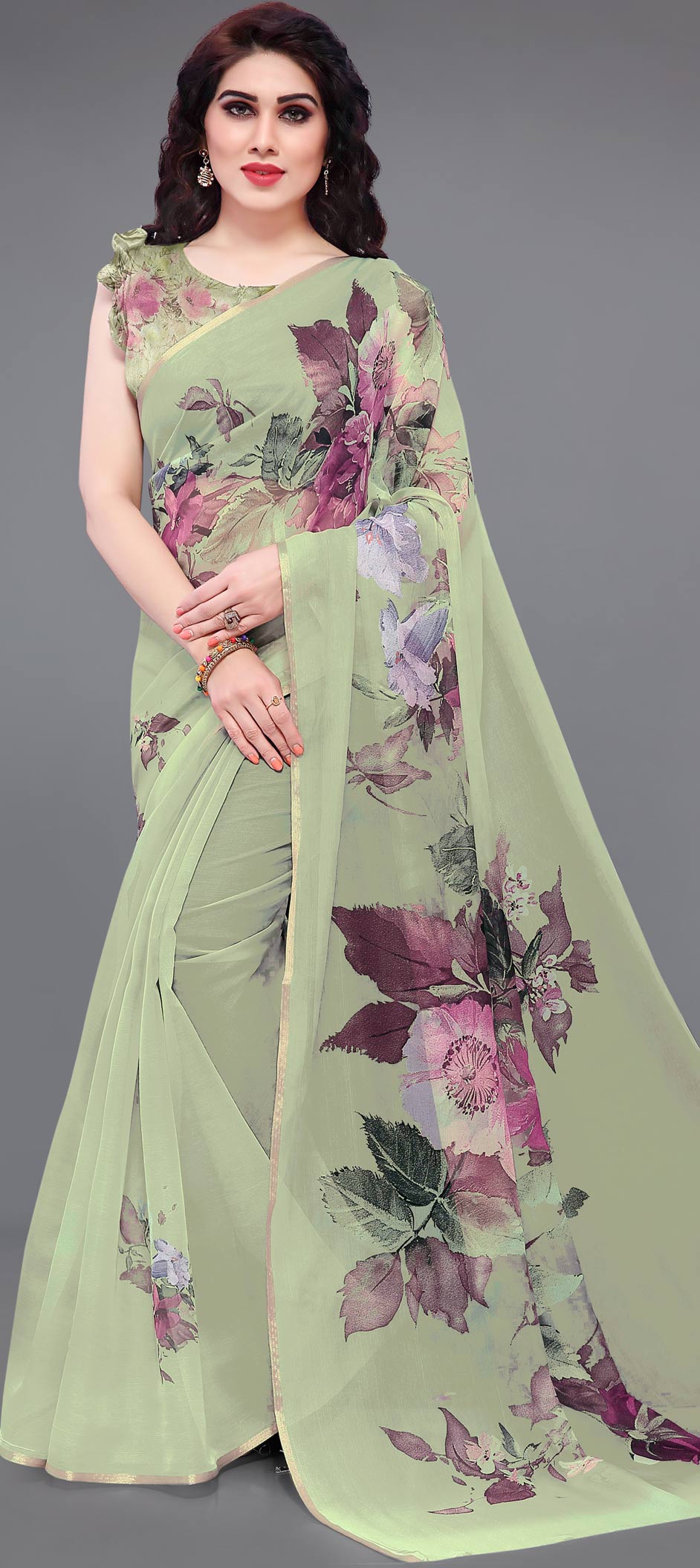Violet & Green Organza Tissue Designer Party Wear Saree