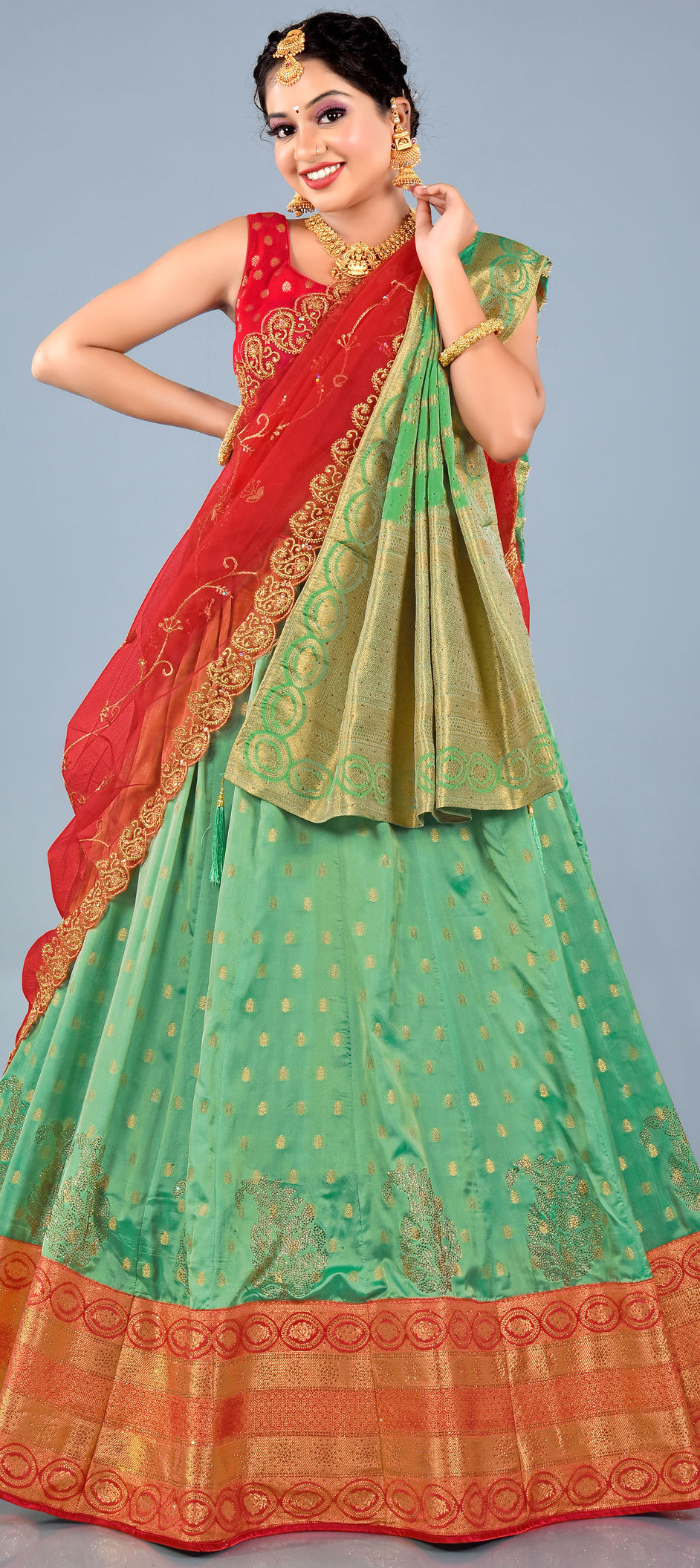 Lehenga Choli | Green And Orange Lehenga Set With Dupatta | Freeup