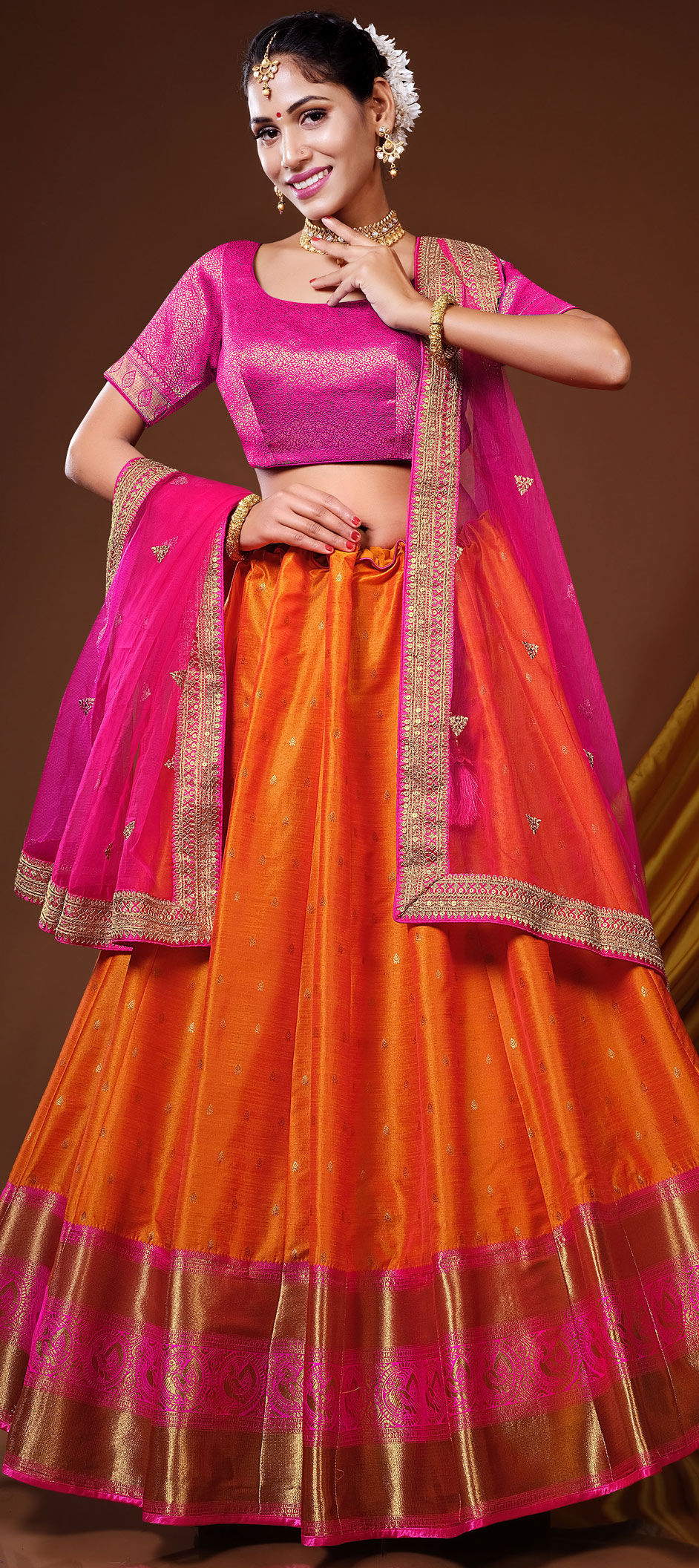 pspeaches Girls Pink & Orange Printed Ready to Wear Lehenga & Blouse With  Dupatta - Absolutely Desi