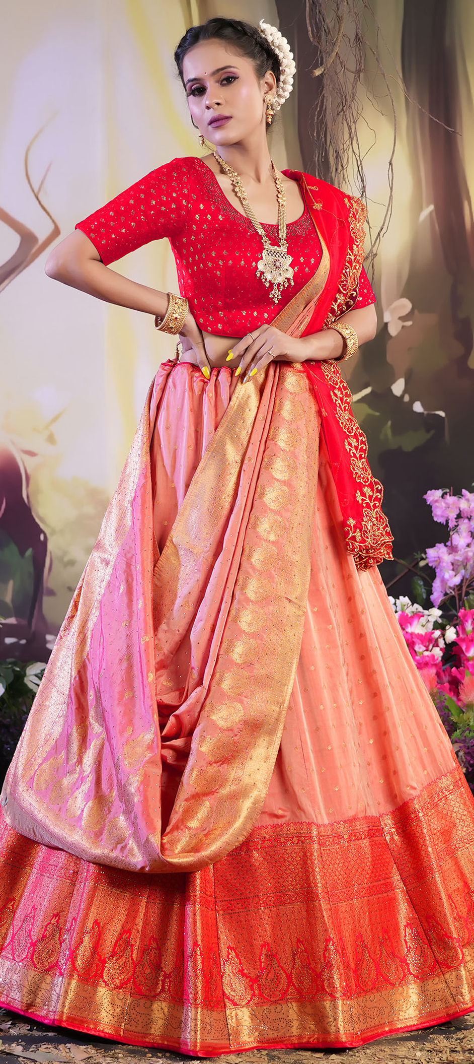 Banarasi Silk Lehenga with Orange and Red Embroidery | Designer lehenga  choli, Lehenga choli, Silk lehenga