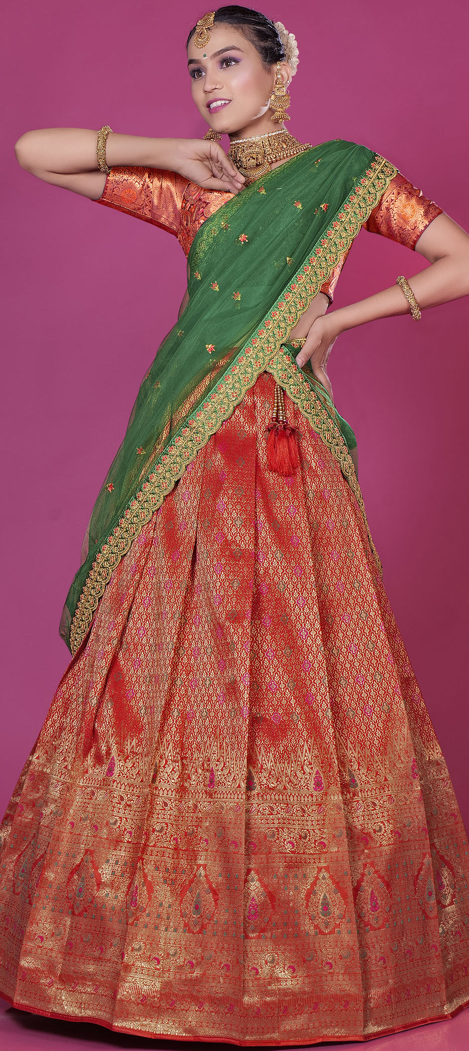 Gorgeous Pink Coloured Kanchipuram Half Saree With Embroidered Blouse –  Zariknyaa