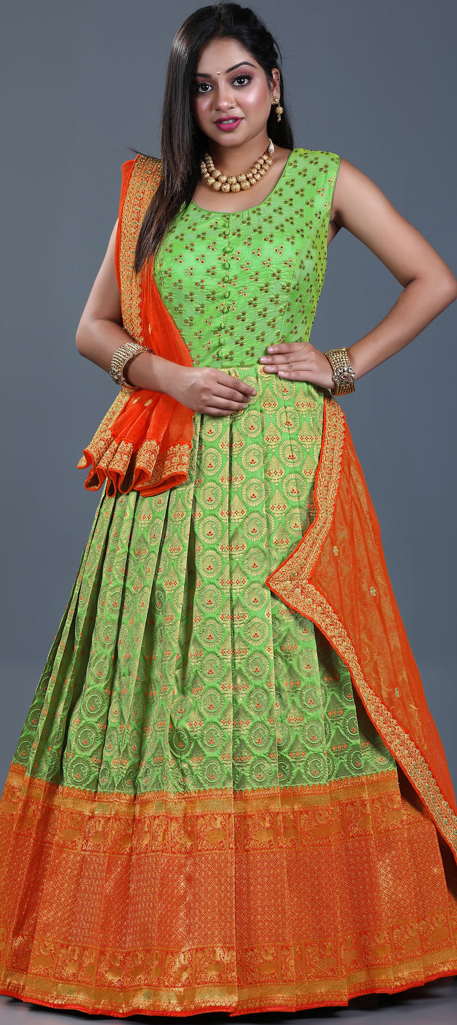 Buy Lehengas In Virginia | Green And Orange Multi Embroidered Traditional  Lehenga Choli