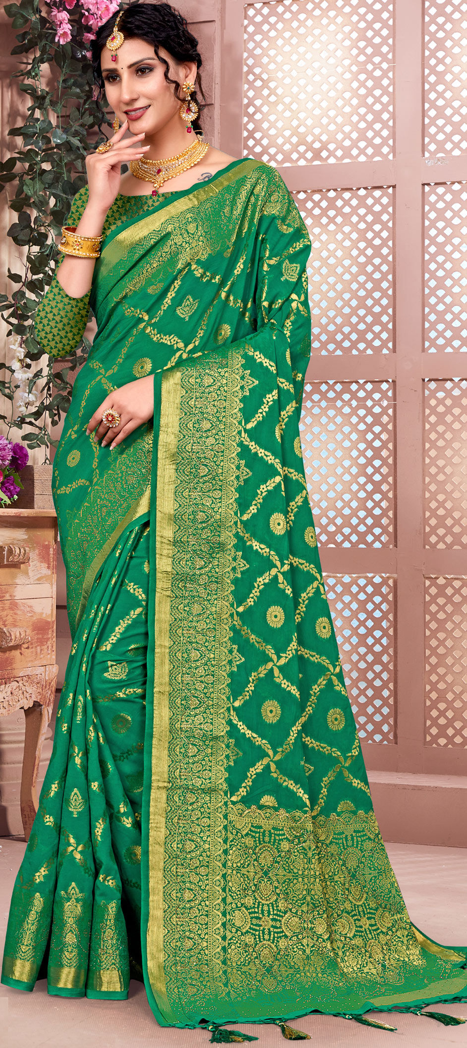 Party Wear, Traditional Green color Banarasi Silk, Silk fabric Saree :  1896385