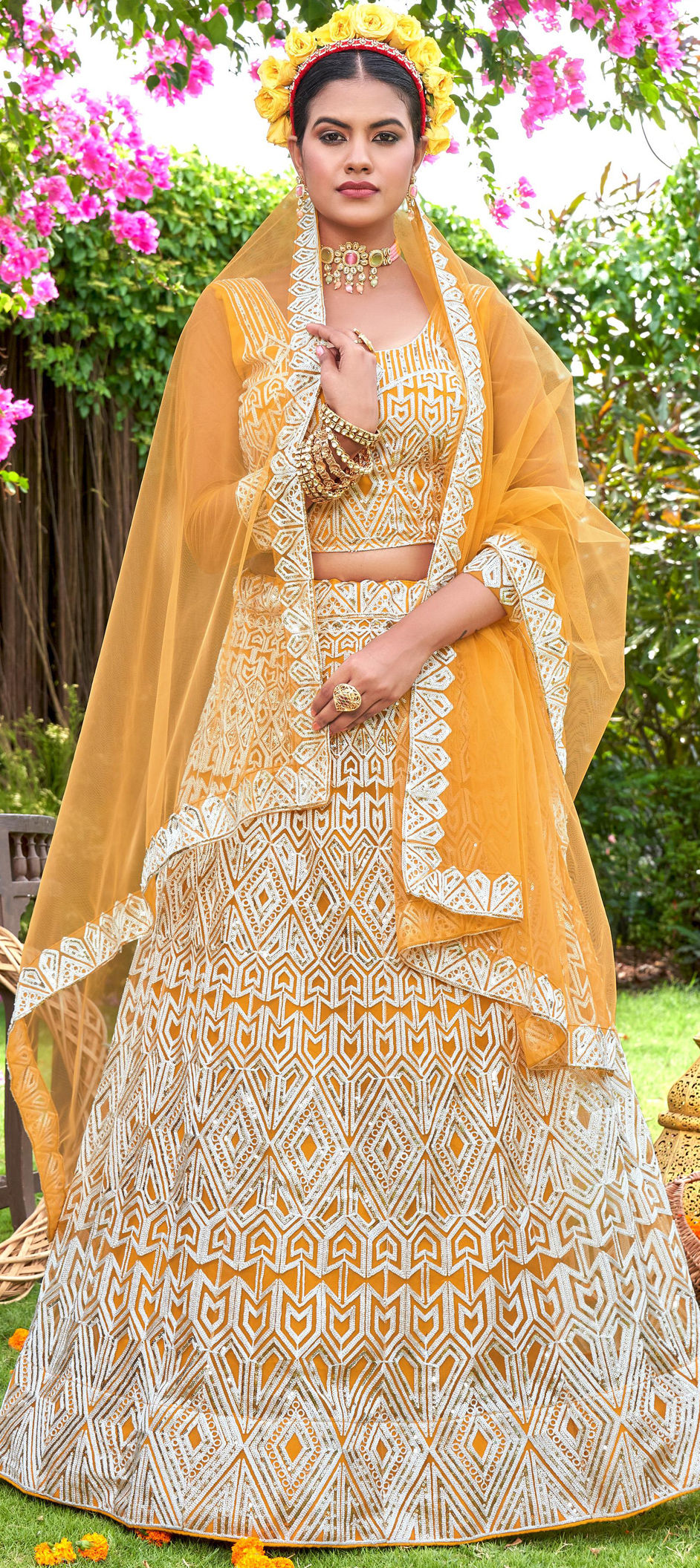 Orange Bridal Reception Lehenga Set In Net Heavy Handwork INS904 –  ShreeFashionWear