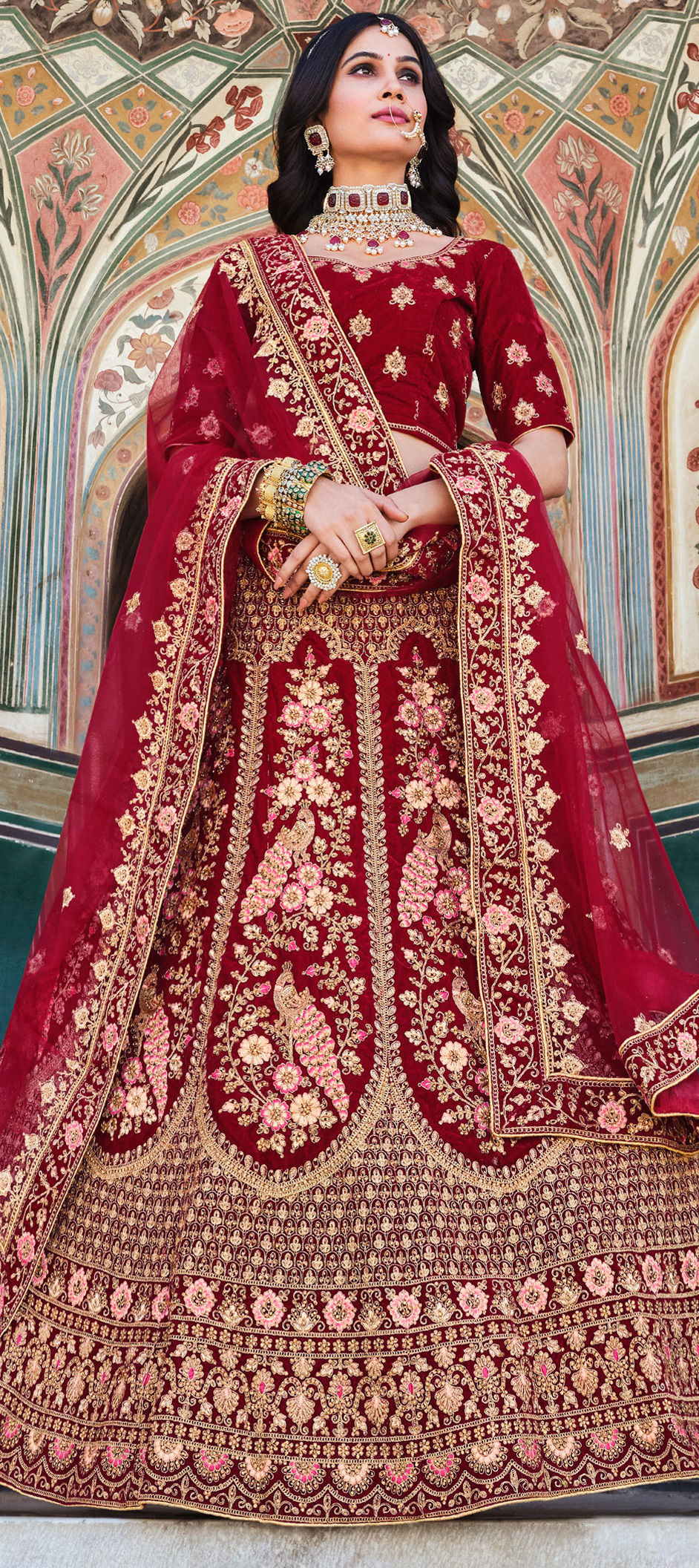 Embark on a journey of unparalleled grace and grandeur with this exquisite  maroon and mustard velvet bridal lehenga choli, adorned with a… | Instagram