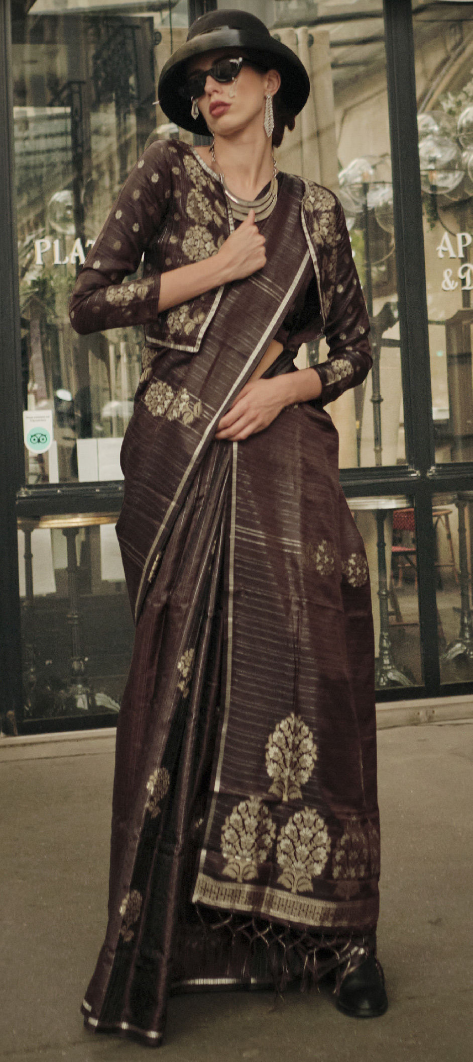 Range in Budget Dark Brown Satin Embroidered Saree|SARV120409