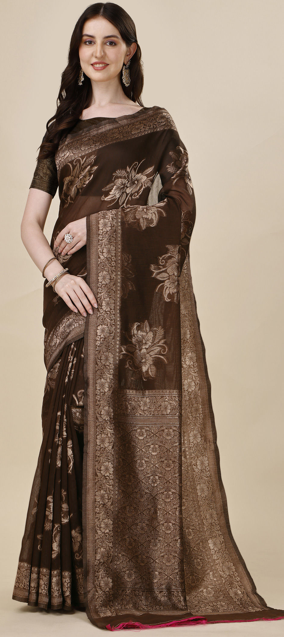 Beige Timber Tribe Printed Pre-Draped Saree Set main image 1