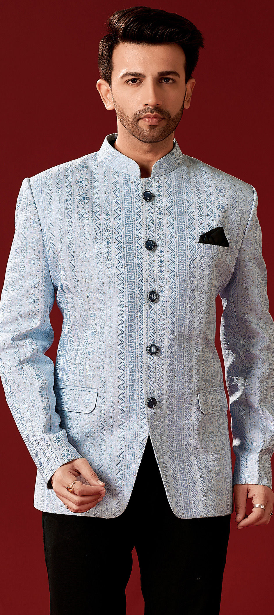 Party Wear Black and Grey color Satin Silk fabric Blazer 1898323