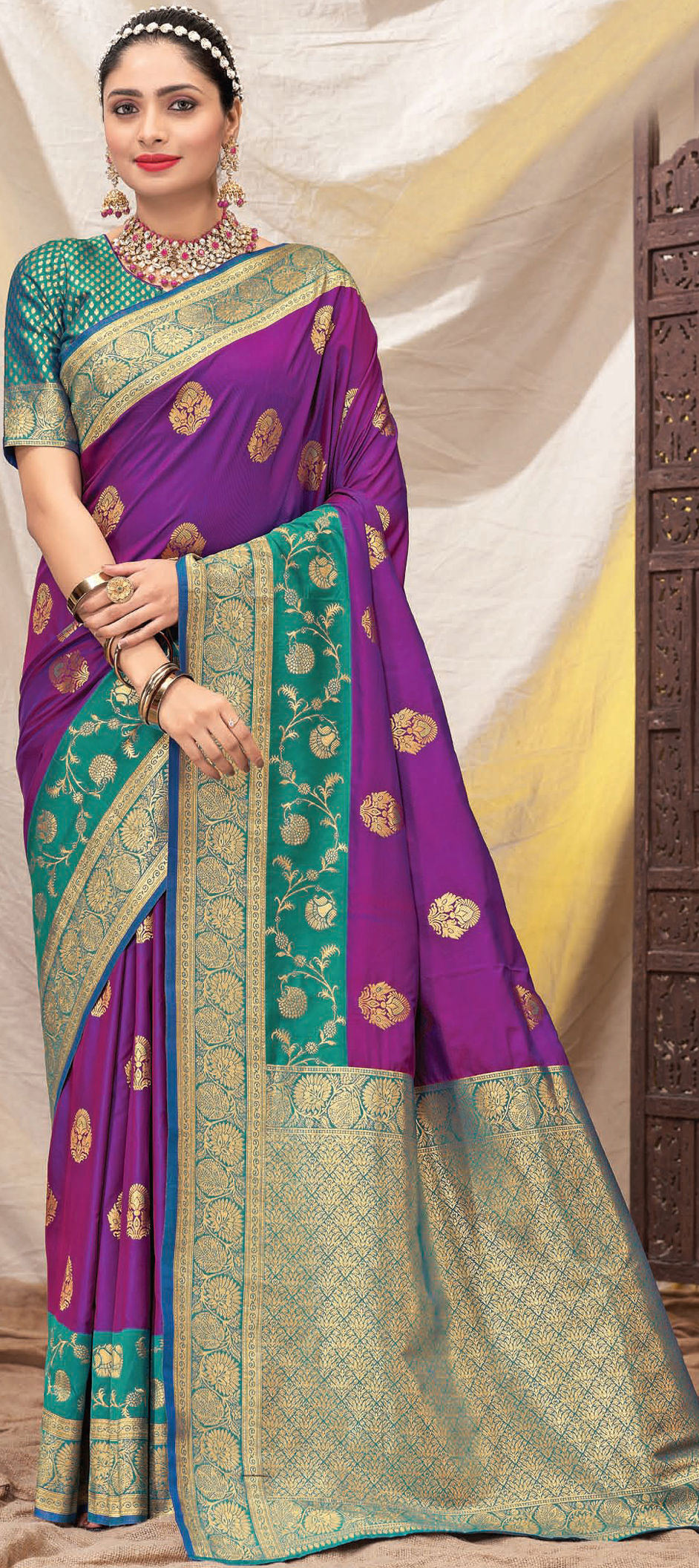 Bandhej Printed Art Silk Saree in Green and Purple : SVFA213